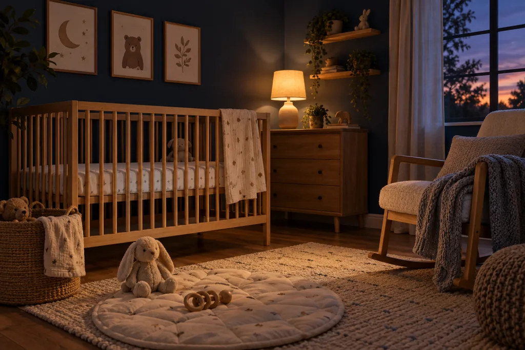 Habitación de bebé por la noche con cuna de madera, colchón blanco, alfombra de juego y una lámpara encendida