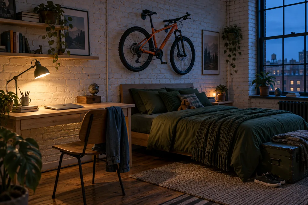 Habitación juvenil al anochecer con escritorio de fresno, bicicleta de 24 pulgadas colgada en la pared y cama con ropa verde