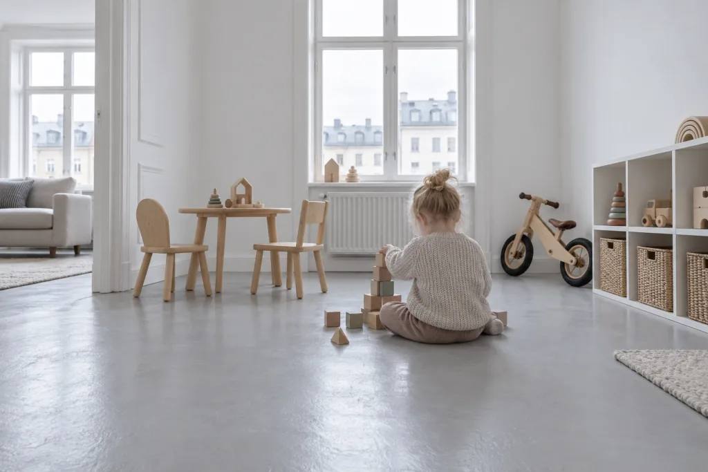 Niño jugando con bloques en el suelo de una habitación luminosa con mesa pequeña, sillas, bici sin pedales y estantería baja