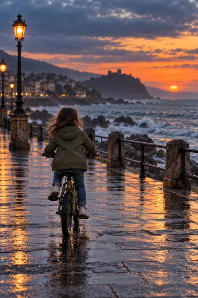 Niña montando en una bicicleta verde oliva por un paseo marítimo al atardecer
