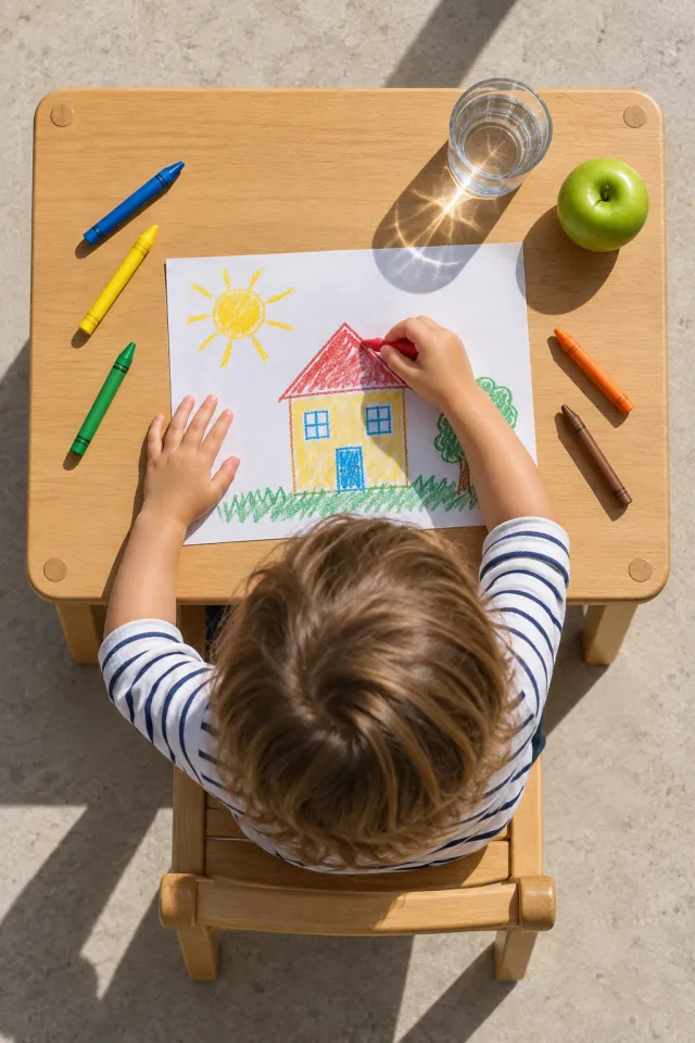 Vista cenital de un niño dibujando con ceras sobre una mesa rectangular de haya bajo el sol