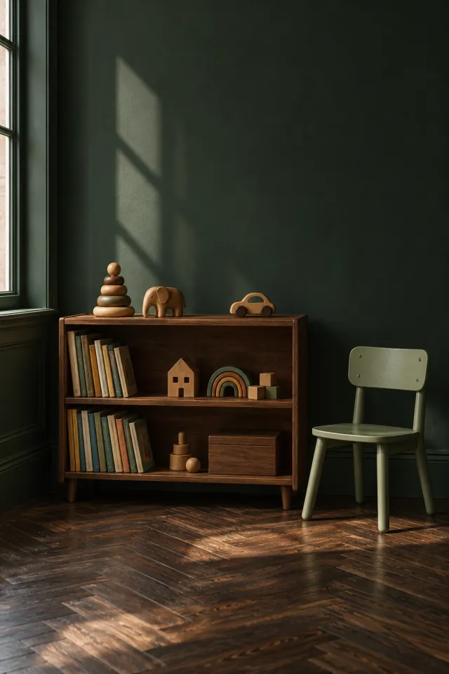 Estantería baja de nogal con juguetes y libros junto a una silla infantil verde salvia frente a una pared verde oscuro