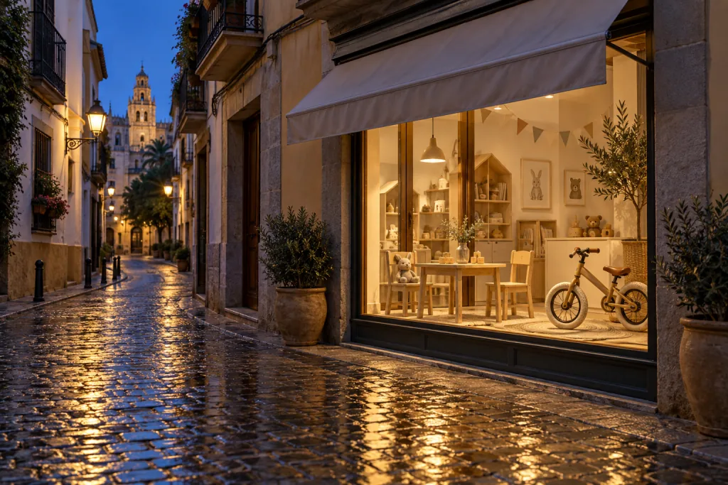 Escaparate iluminado de una pequeña tienda en una calle estrecha al anochecer, con una mesa infantil, sillas y una bici en el interior