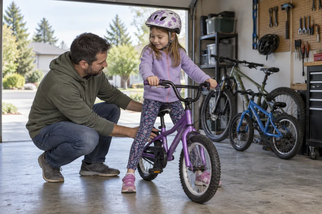 Niña con casco sentada sobre una bicicleta infantil mientras su padre comprueba la altura del sillín en un garaje