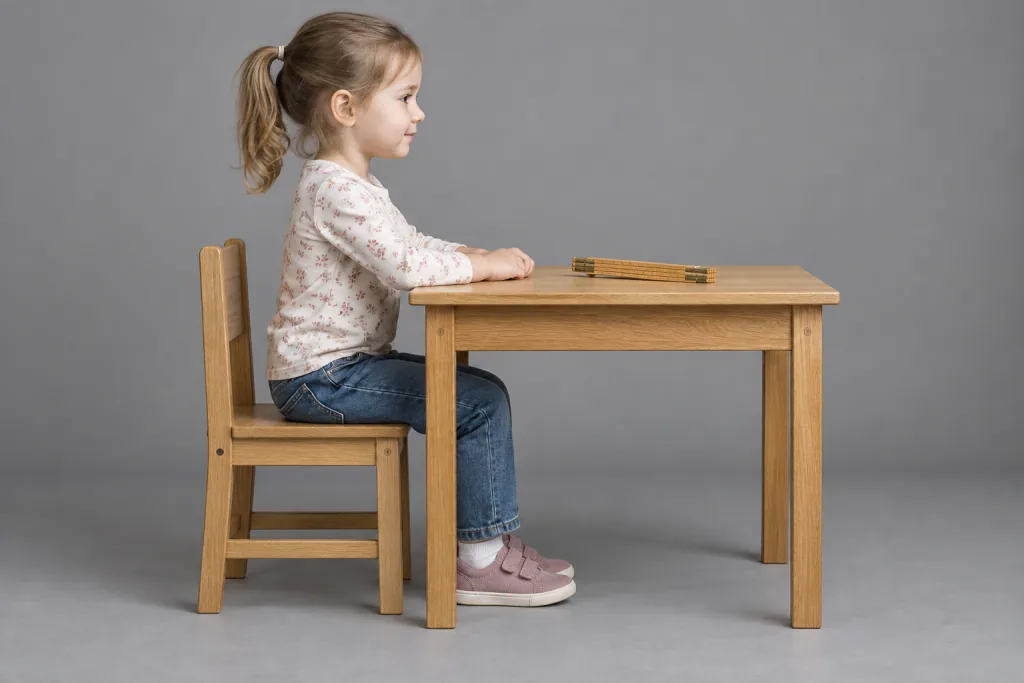Niña sentada de perfil en una silla infantil frente a una mesa de roble, con un metro plegable sobre el tablero
