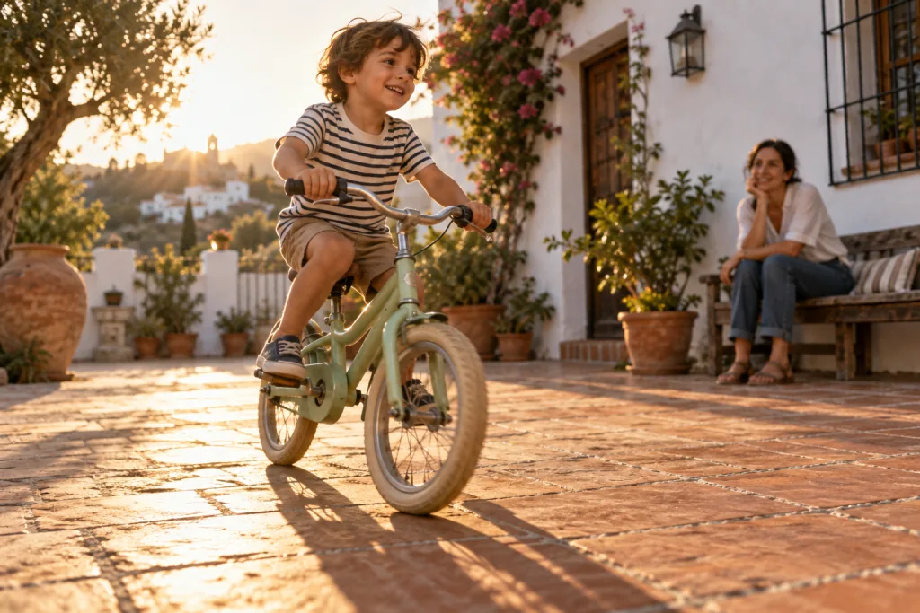 Niño montando en una bici verde claro por un patio andaluz al atardecer, con un adulto sentado en un banco al fondo