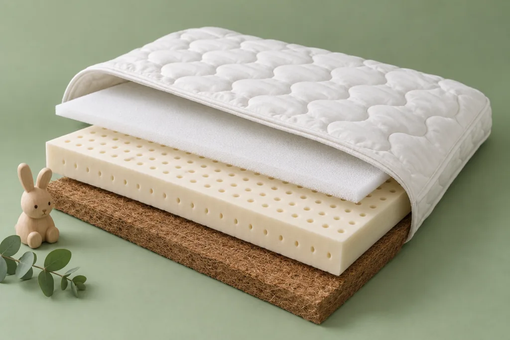 Capas de un colchón infantil separadas: funda acolchada, espuma, látex perforado y fibra de coco