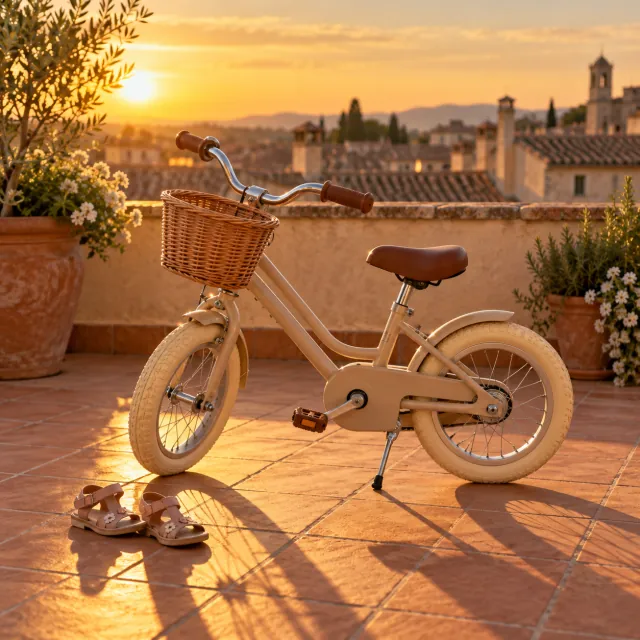 Bicicleta infantil de 14 pulgadas con cuadro beige y ruedas color crema en una azotea de barro cocido al atardecer