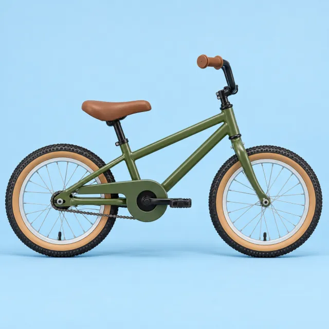 Bicicleta infantil de 16 pulgadas con cuadro verde oliva y neumáticos tostados, foto de estudio de perfil sobre fondo azul claro