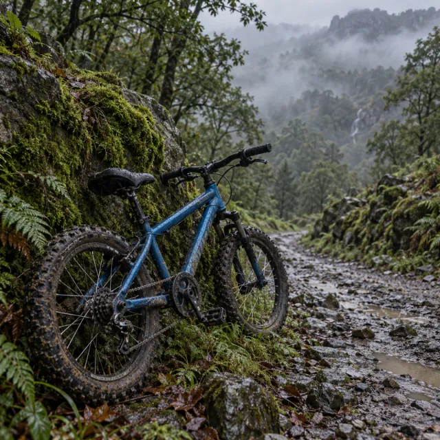 Bicicleta infantil de montaña de 20 pulgadas con cuadro azul petróleo apoyada en una roca con musgo en un bosque con niebla