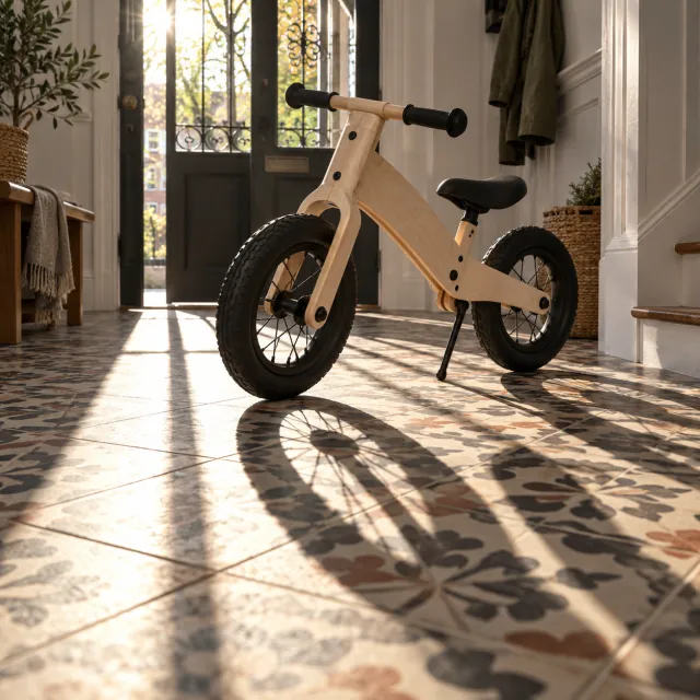 Bicicleta sin pedales de abedul con ruedas de 12 pulgadas sobre suelo hidráulico en un recibidor, con sombras marcadas de la luz de la puerta