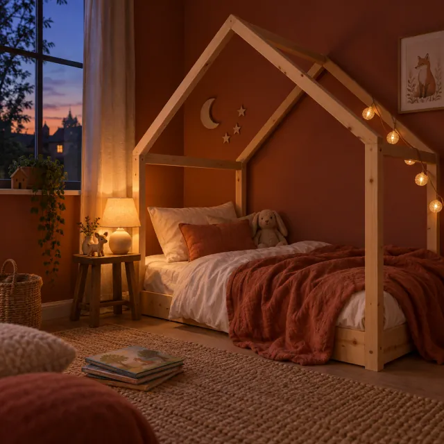 Cama casita de pino a ras de suelo con colchón de 90 y ropa de cama blanca y terracota, iluminada por una lámpara al anochecer