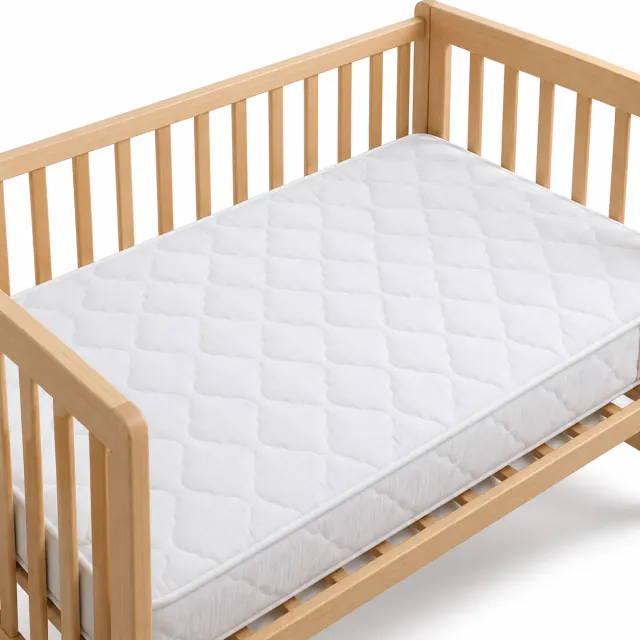 Colchón de cuna con funda acolchada blanca sobre el somier de listones de una cuna de madera, foto de estudio sobre fondo blanco