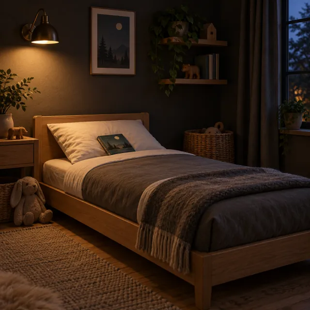 Colchón individual con funda gris y blanca sobre una cama baja de roble en una habitación iluminada por una lámpara de pared