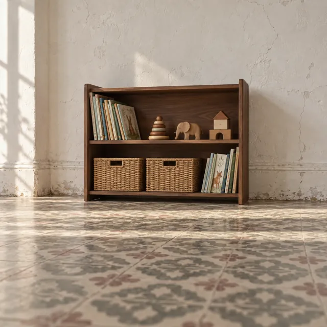Estantería baja de dos baldas en nogal con cestas de mimbre, juguetes y libros en un piso antiguo con suelo hidráulico