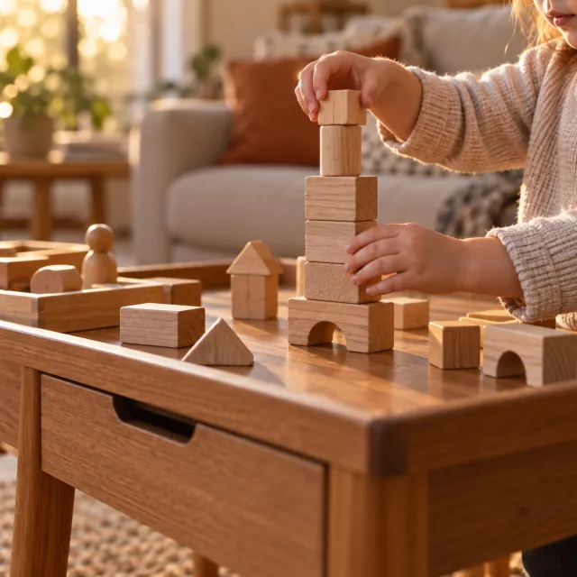 Manos de un niño apilando bloques de madera sobre una mesa de actividades de castaño con borde elevado y cajón
