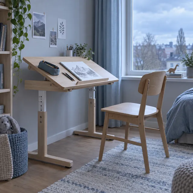 Escritorio infantil de fresno con el tablero inclinado y patas regulables en altura junto a una silla de madera, frente a una ventana