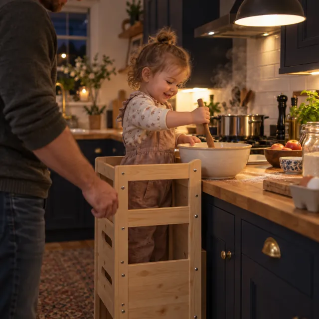 Niña pequeña de pie en una torre de aprendizaje de pino junto a la encimera de una cocina, con un adulto a su lado